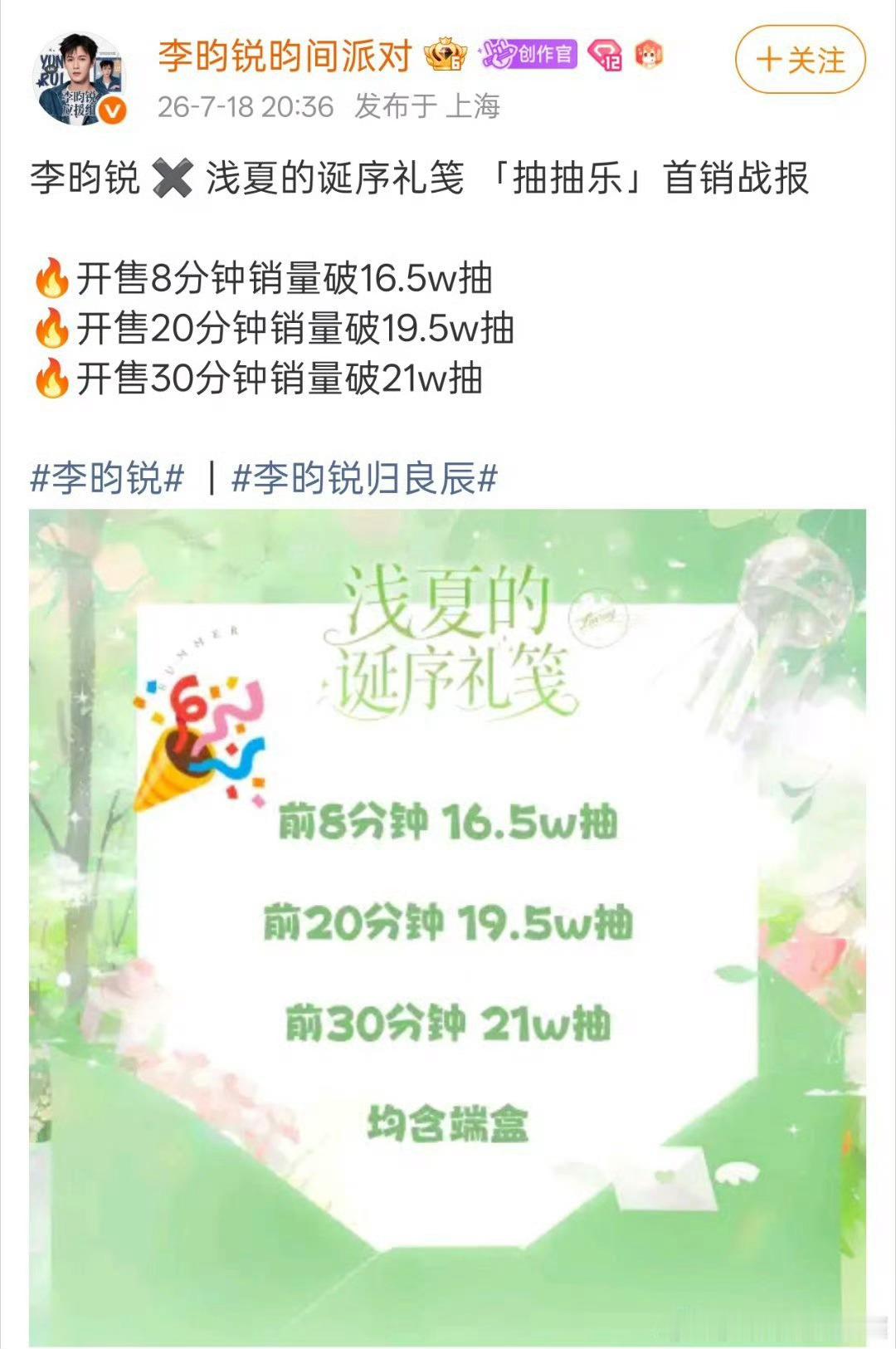 李昀锐粉丝ccl战报，开售30分钟销量突破21w+ 实力🐮 