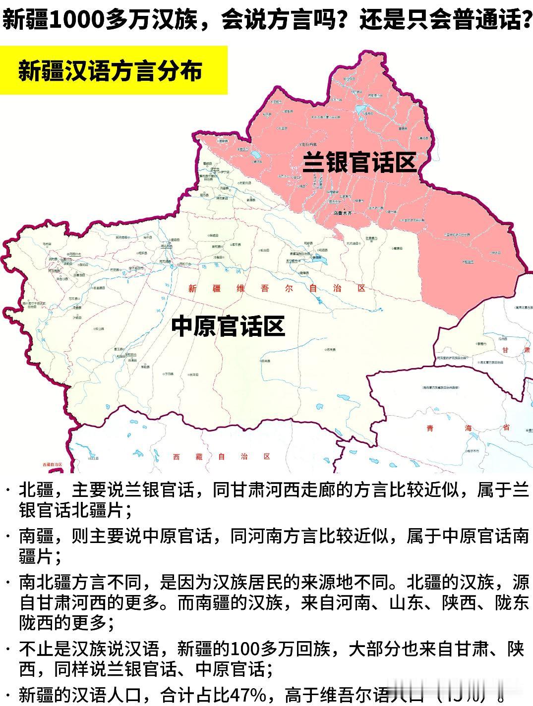 新疆千万汉族，会说方言吗?还是只会普通话?

·北疆，主要说兰银官话，同甘肃河西