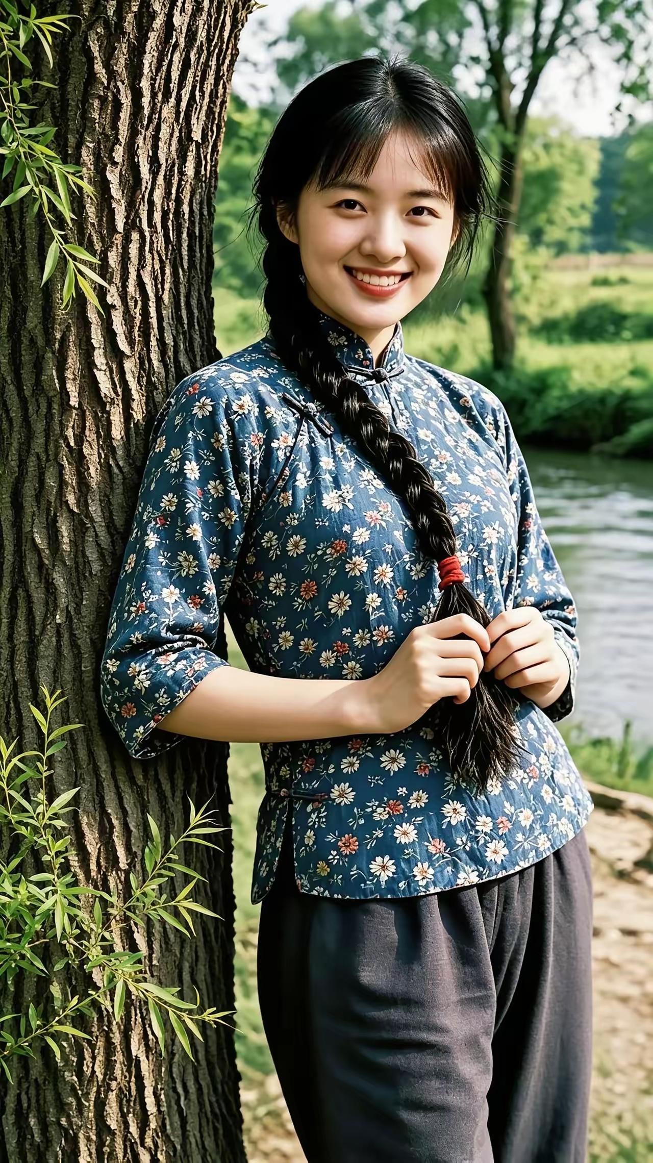 谁家女多娇，
树下捋发梢。
旧地如约至，
含笑望远瞧。