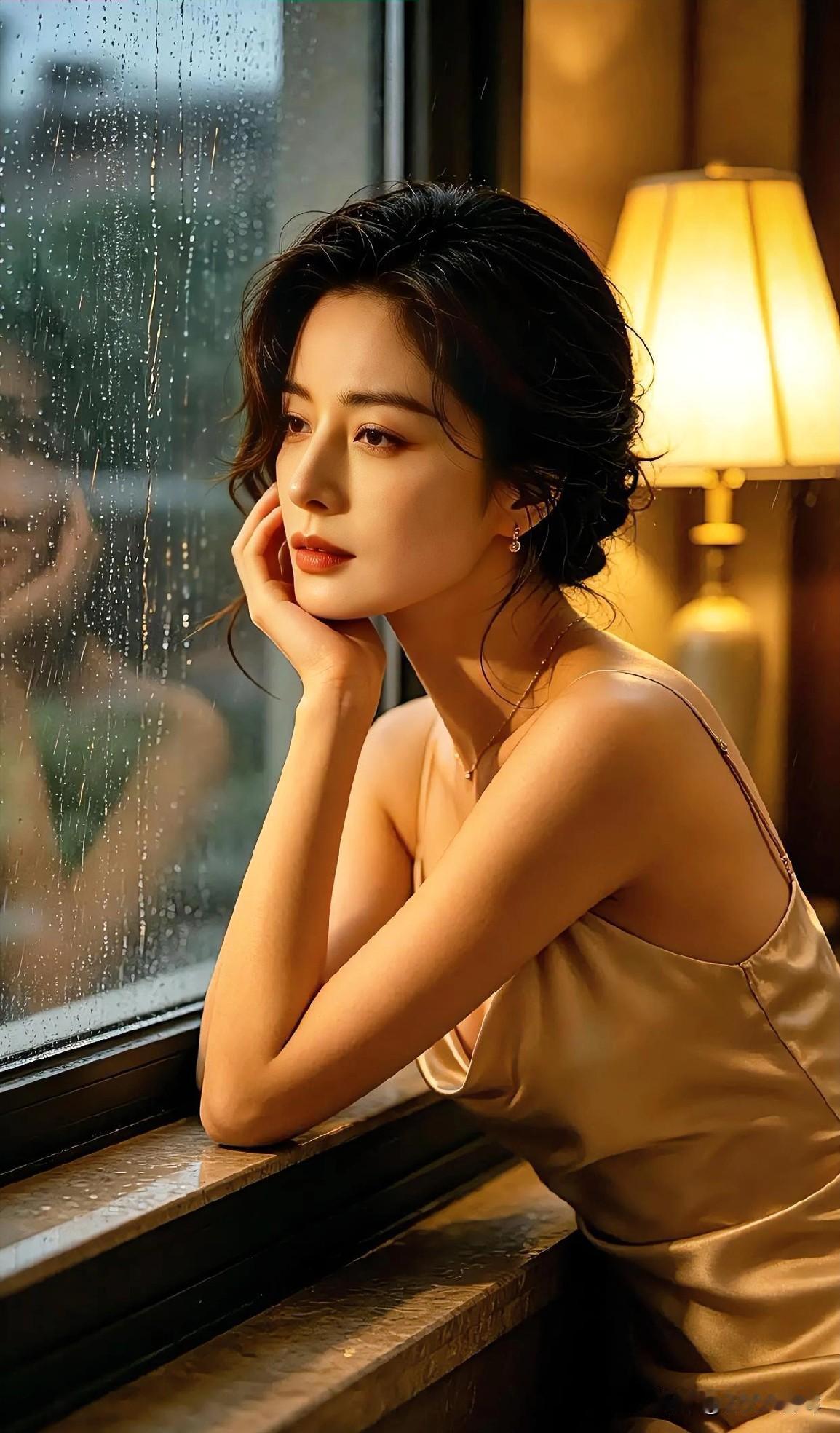 雨痕爬满窗，暖灯晕染柔。

缎裙曳地，裹着夜的温。

她托腮凝望，心事落进眸。