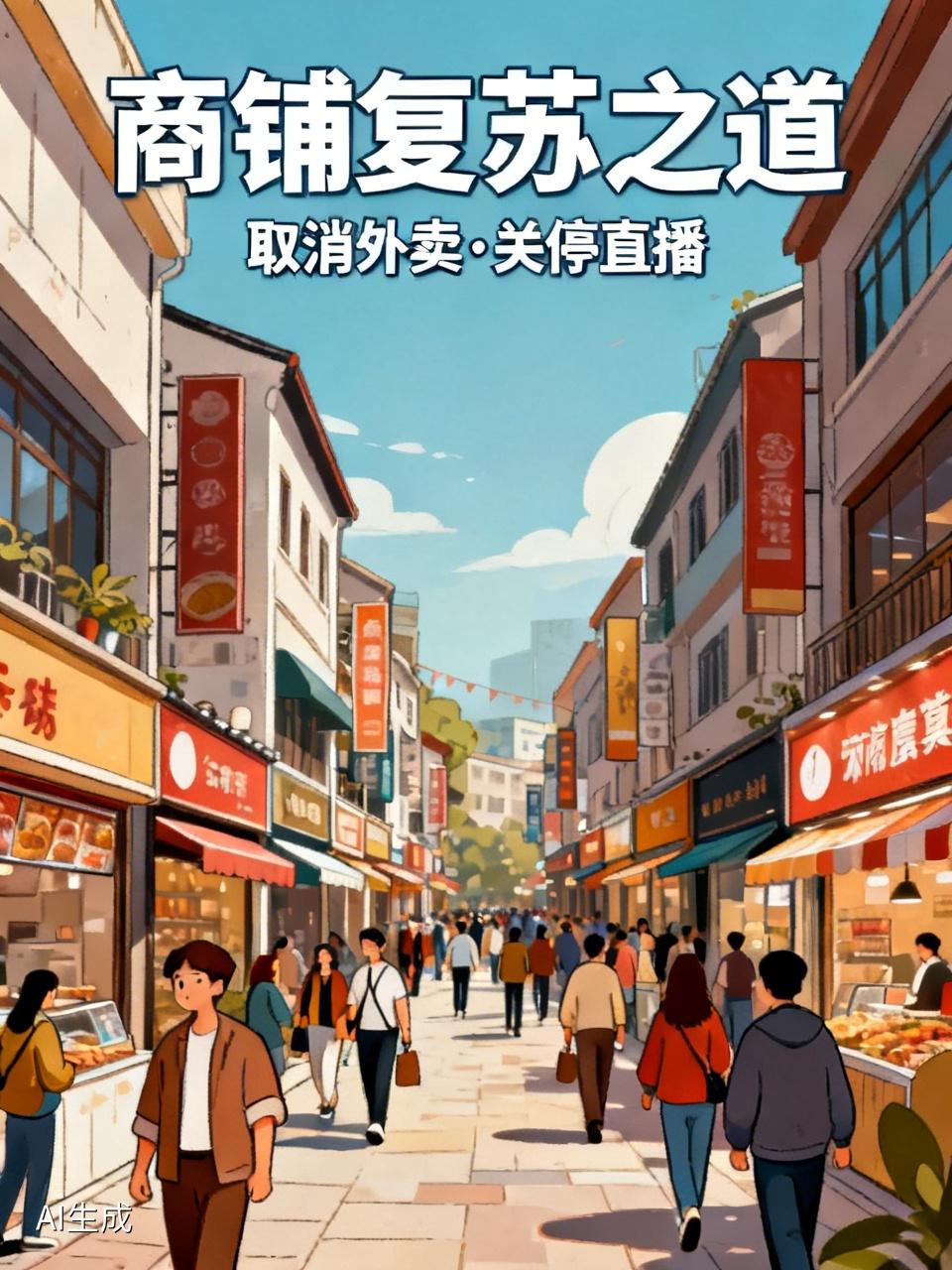 有三个办法可以让商铺恢复人山人海的局面：
一个是，取消外卖行业，一日三餐客户自己