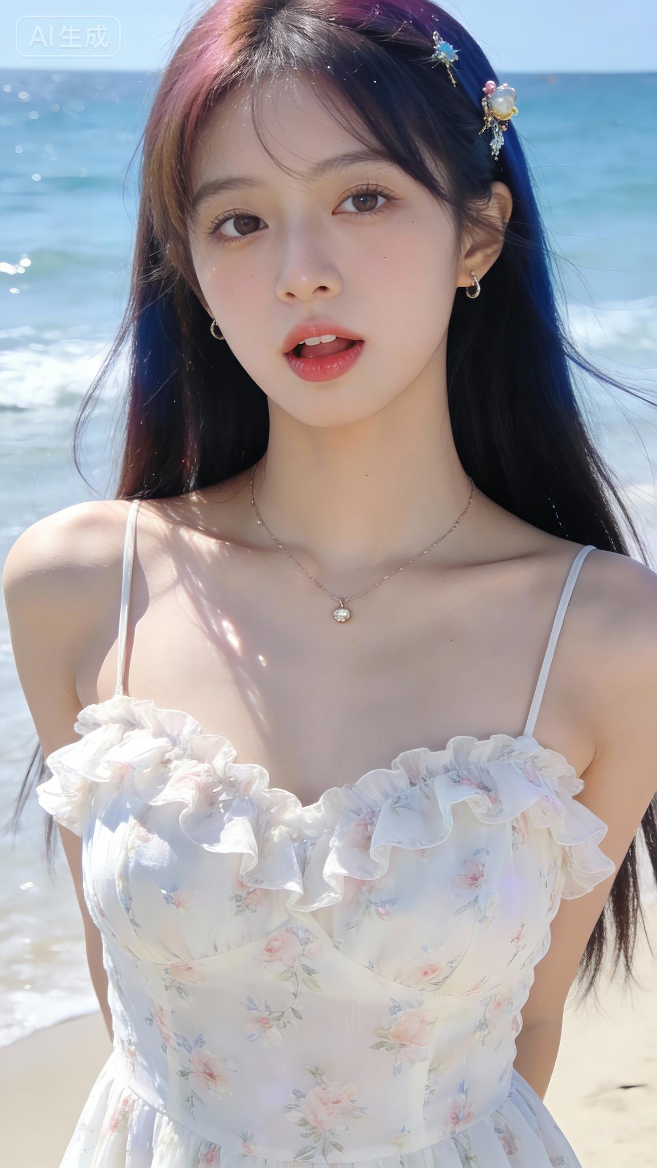 海边少女，粉嫩连衣裙，海风吹拂，清新自然