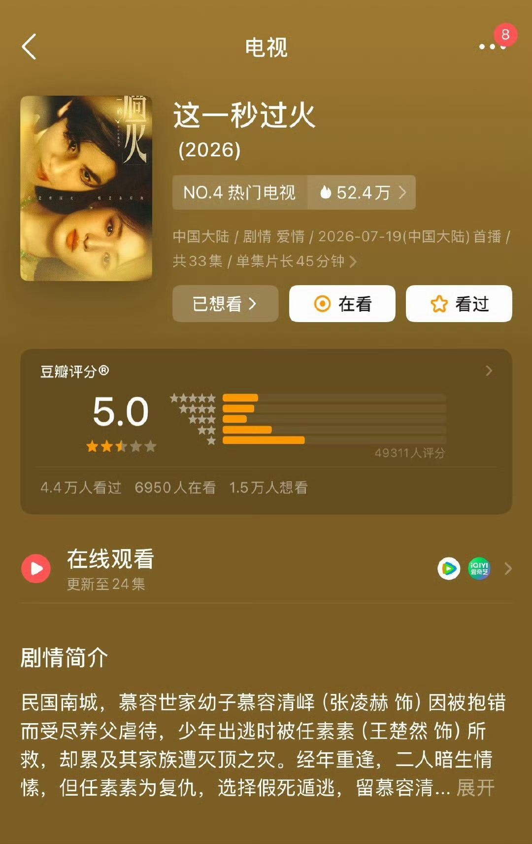 这一秒过火豆瓣跌分这一秒过火豆瓣分跌了   这一秒过火豆瓣怎么分还跌了📉张凌赫
