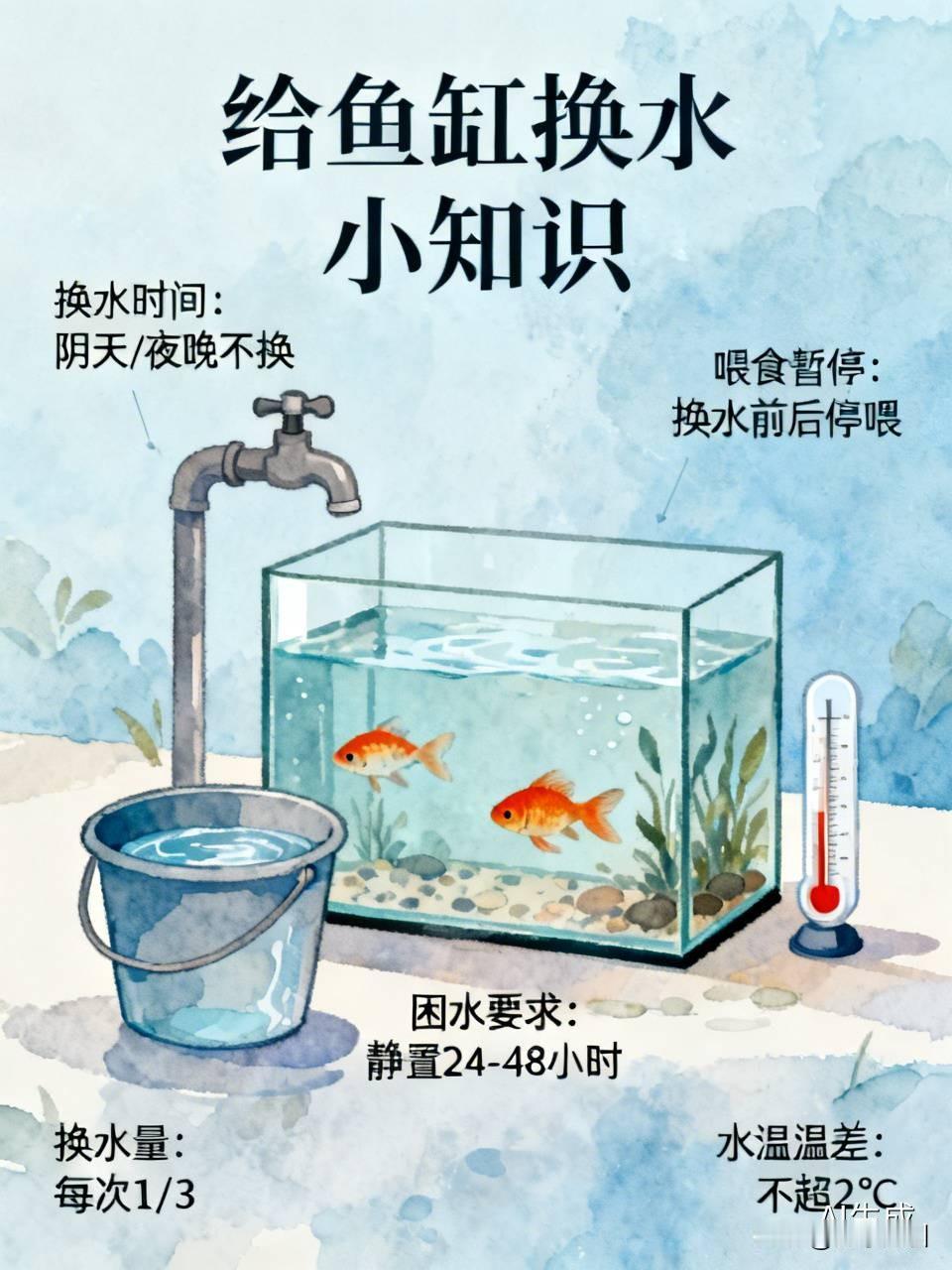 给鱼缸换水需要注意什么? 给鱼缸换水可不能随便来，里面门道不少。
首先，换水时间