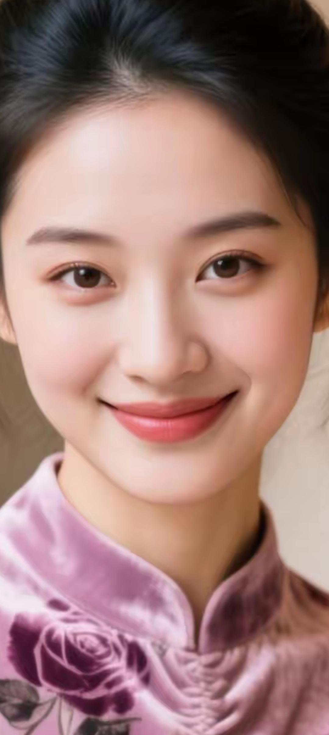 温柔甜美的微笑，粉紫色旗袍，优雅动人。