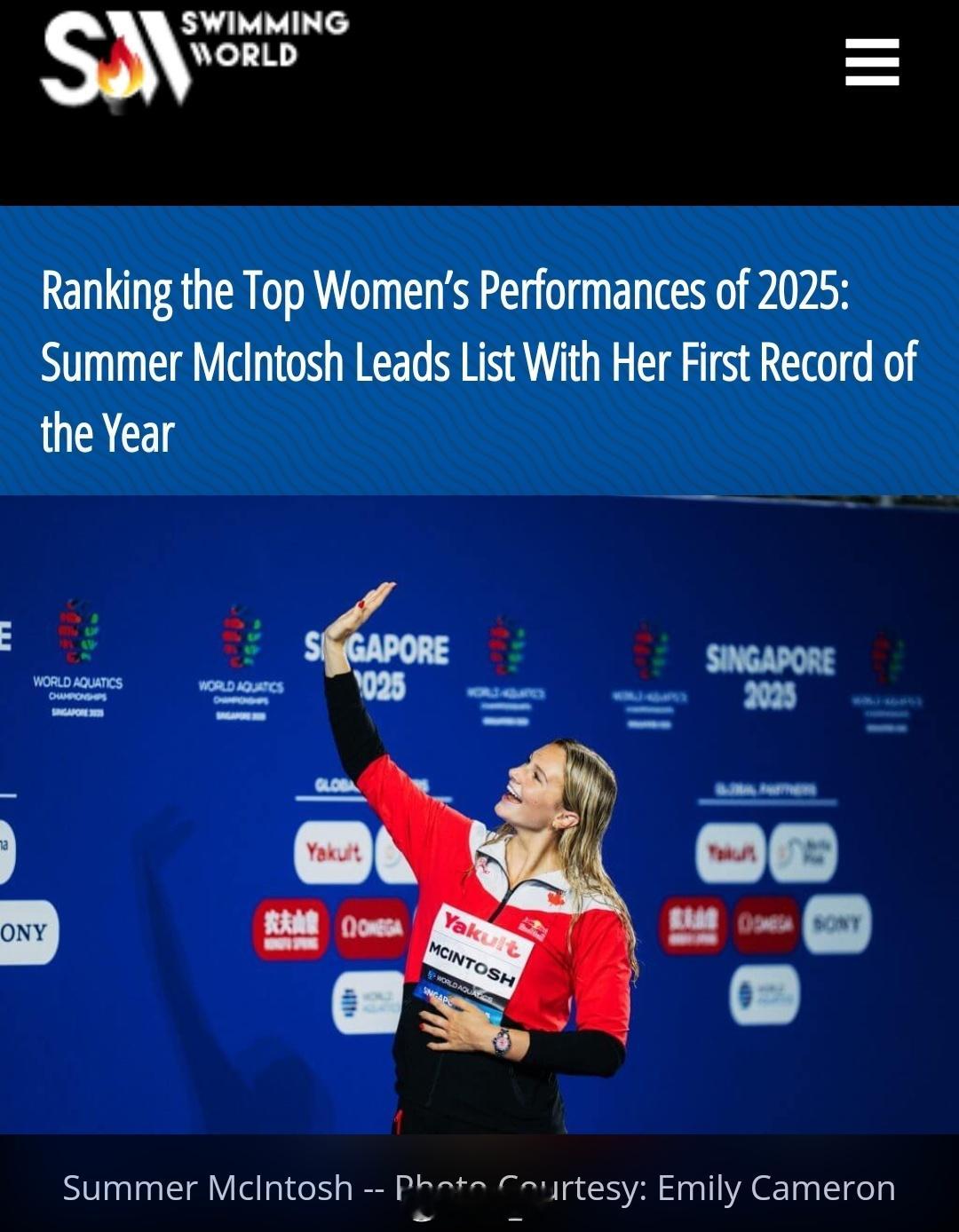 《游泳世界》杂志汇总2025年度女子五佳表现1️⃣ 🇨🇦Summer McI