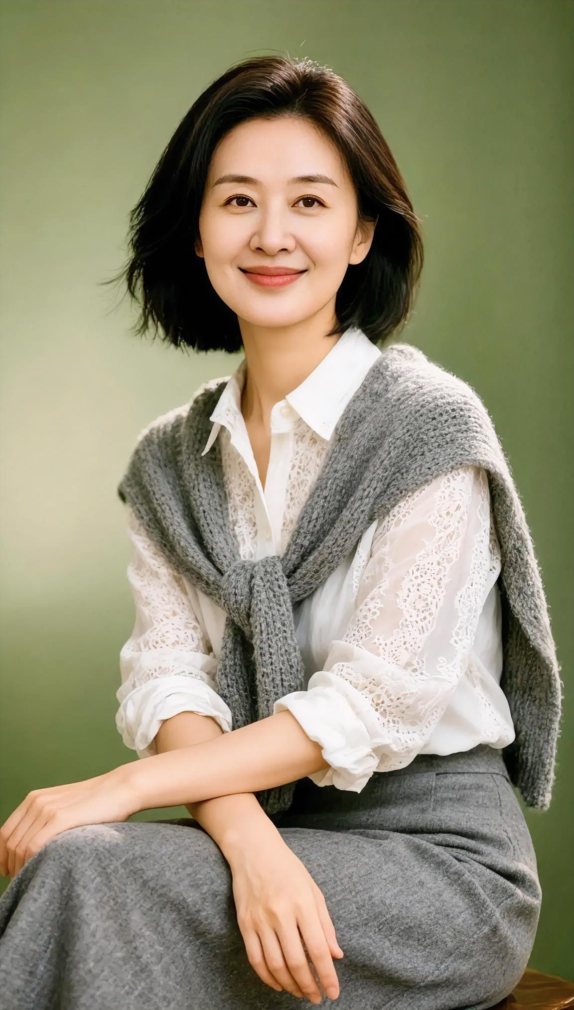 灰针织搭着白衬衫

蕾丝袖口透轻软

短发拂过肩

笑意浅浅

绿背景像旧茶园