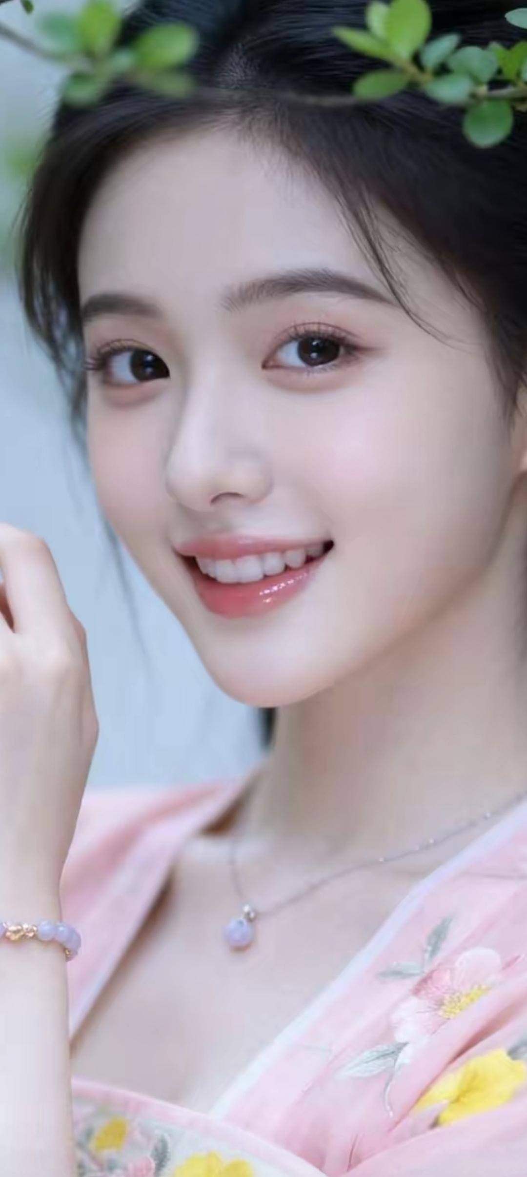 温柔甜美的少女，粉色花裙搭配精致首饰，微笑如花绽放。