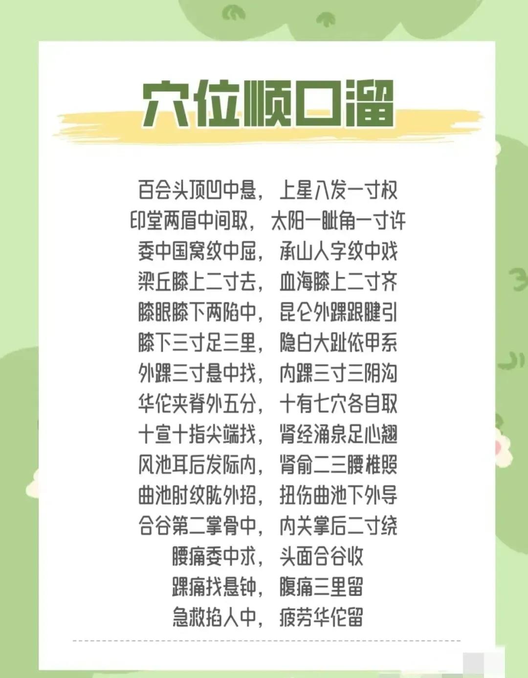 还在为记不住穴位烦恼吗？今天给大家带来一份穴位顺口溜，让你看到就能学到，轻松掌握