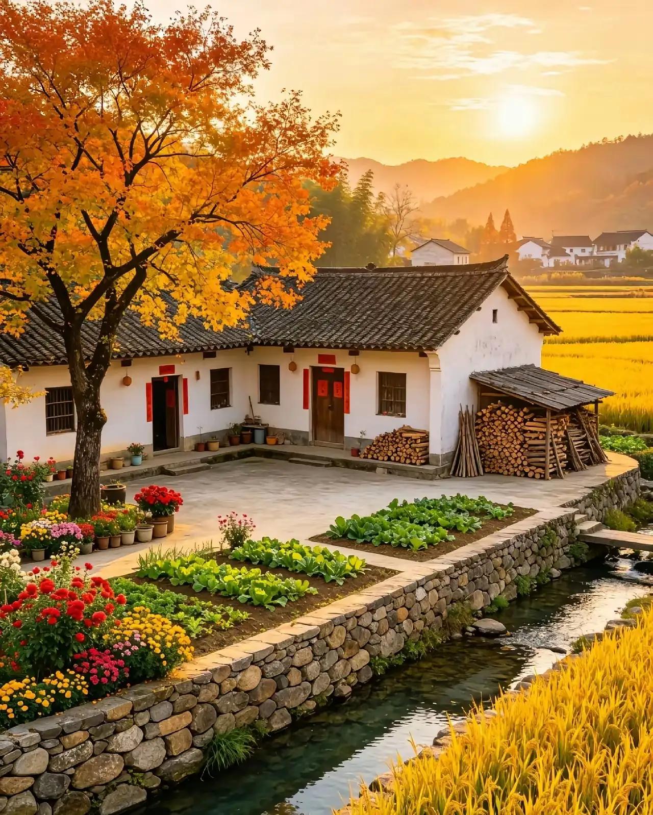 上联：夕照流金铺小院，
下联：晨曦露白洒大地。此下联与上联意境相契，尽显自然之美