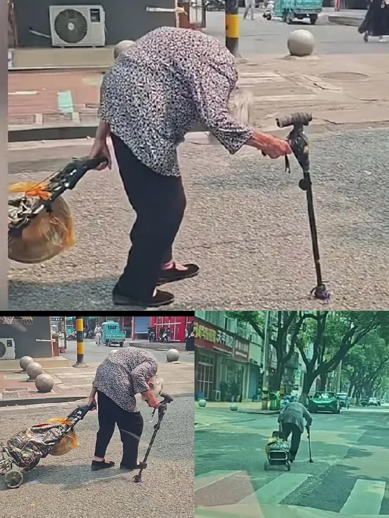 刷到那位老奶奶——腰已经弯成一座拱桥，脊背几乎贴着大地，可脚还在迈、手还在动、气