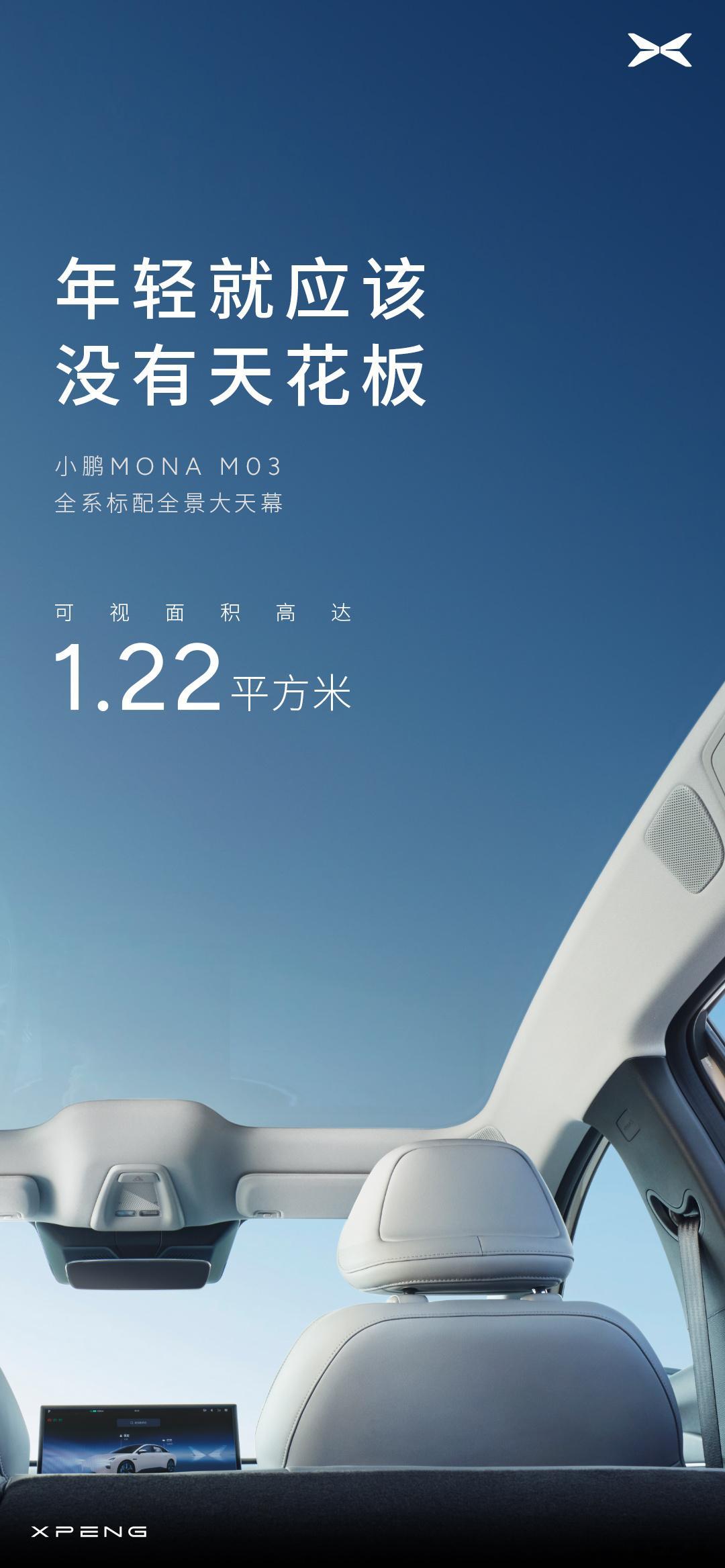#小鹏MONA# M03全系标配全景大天幕，可视面积高达1.22平方米。宣传上，