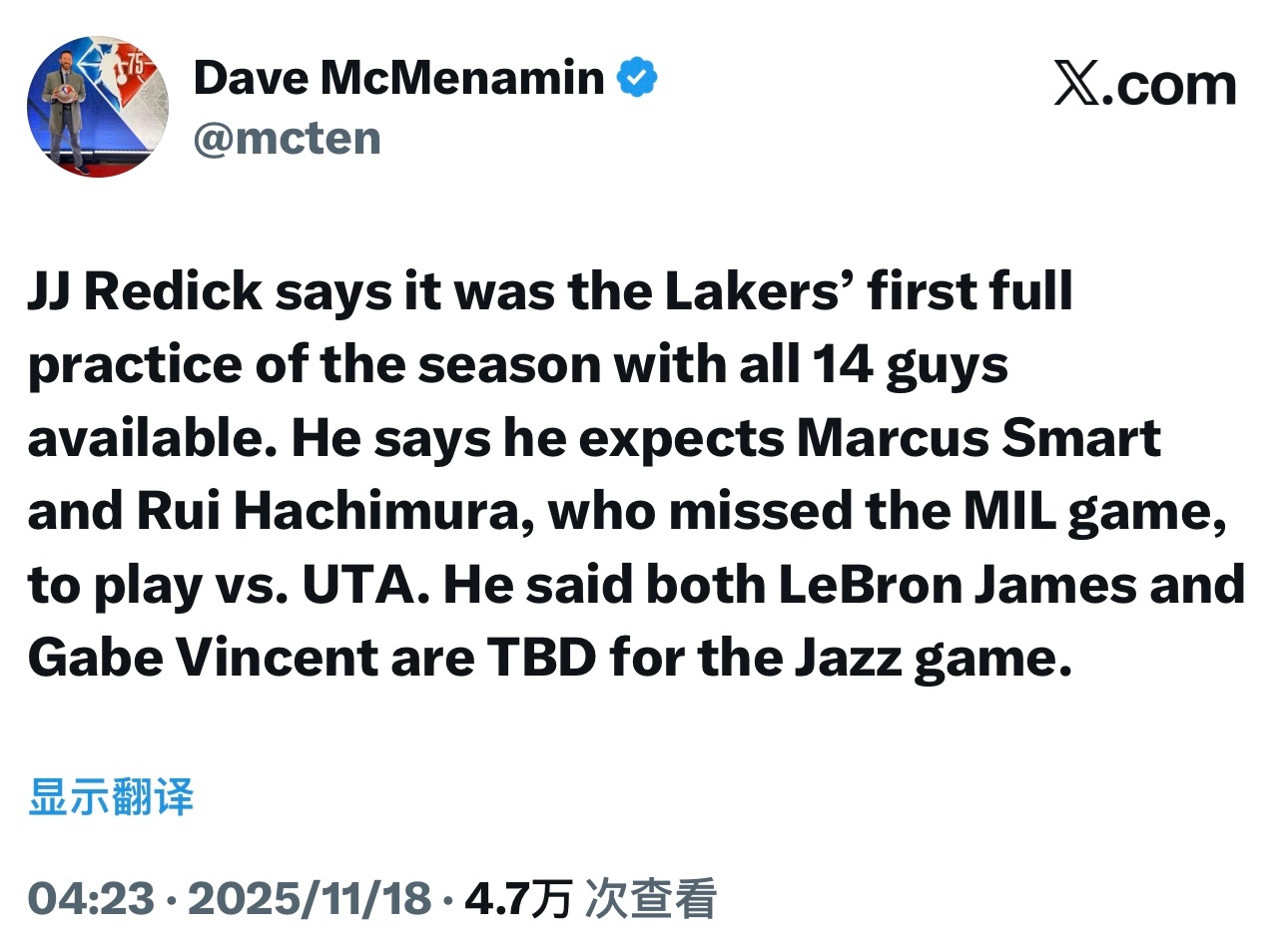 雷迪克表示，这是湖人本赛季首次全员14人都能参加的完整训练。他预计此前缺席对阵雄