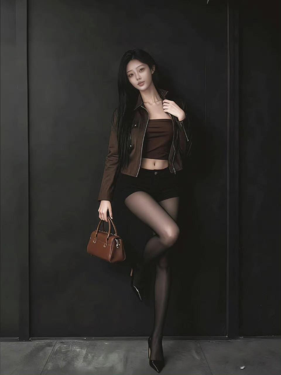 暗调氛围里的焦糖棕穿搭太戳人！
短款皮衣利落不拖沓，抹胸+短裤的组合利落又性感，