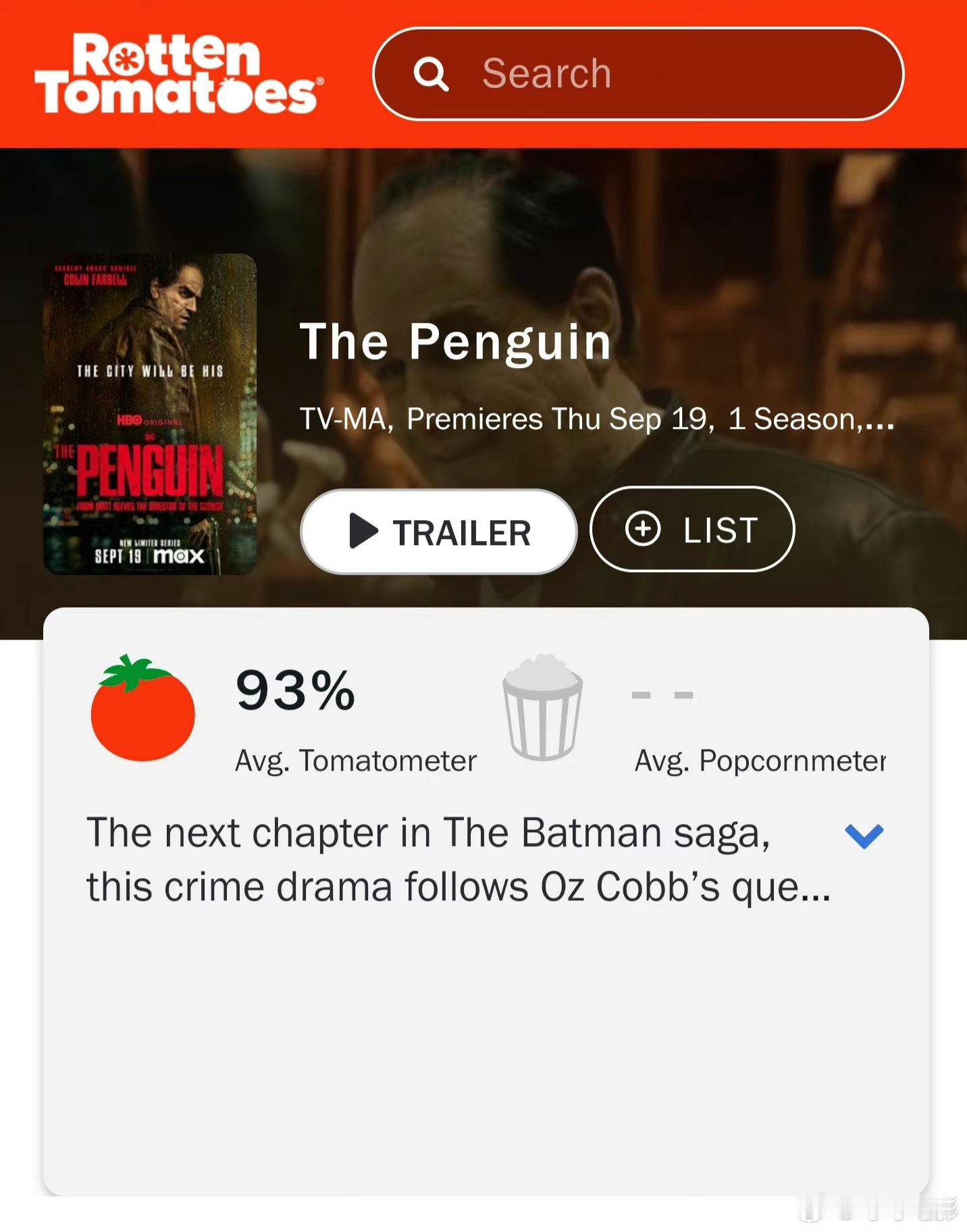 《新蝙蝠侠》衍生剧集《企鹅人》烂番茄新鲜度93%，9月19日开播。 ​​​