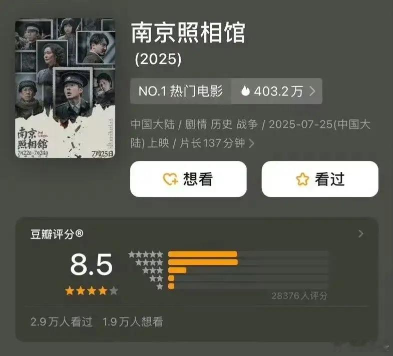 《南京照相馆》一开分就飙到8.5啦，这分数简直高得亮眼！就目前的情况来看，预测总
