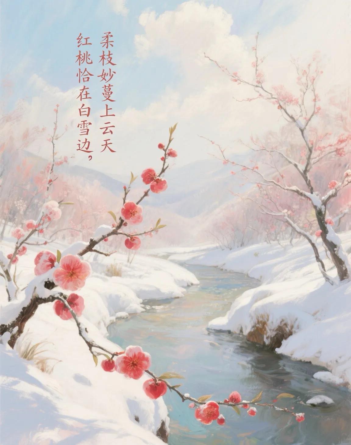 宫体
红桃恰在白雪边
柔枝妙蔓上云天
若得谷中一掬水
能让清甜满人间
原创诗词