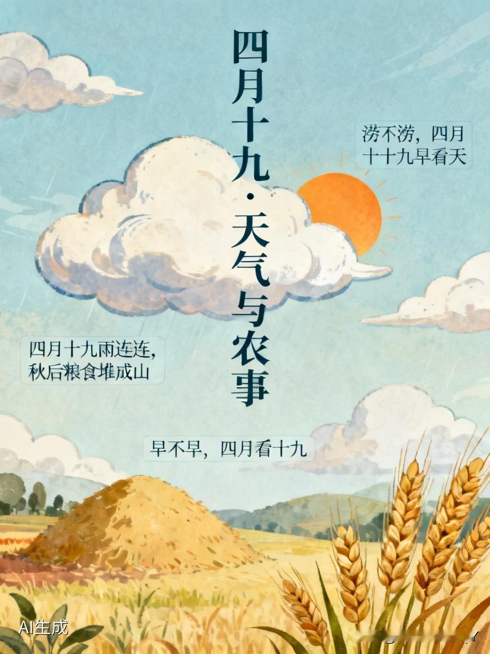 今天是四月十九民间俗语有
涝不涝，四月十九早观天
伏天热与否，且看四月十九时
四