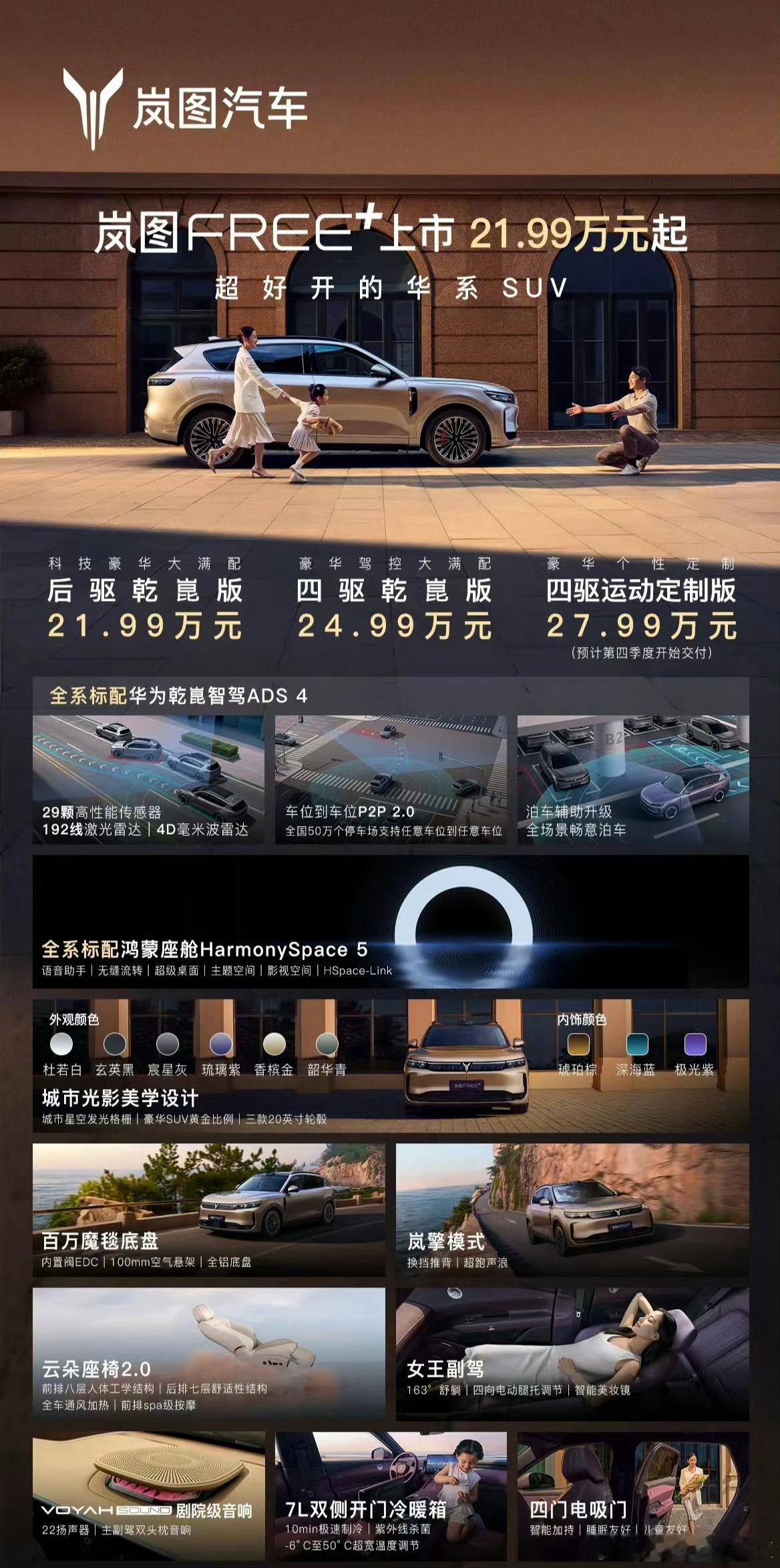 岚图FREE+全系搭载华为乾崑22万起标配了华为ADS 4感觉岚图就靠华子打天下