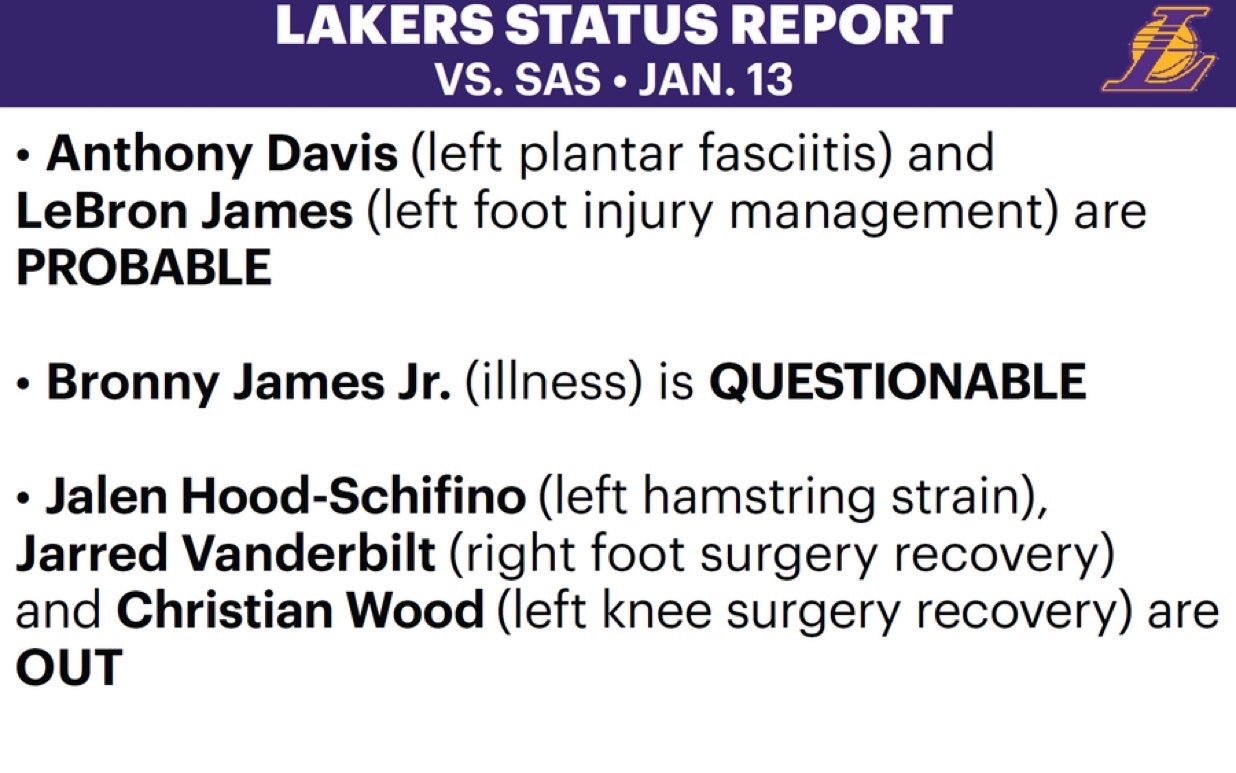 明日湖人对阵马刺伤病名单：詹姆斯、浓眉大概率出战；布朗尼出战成疑；西菲诺、范德比