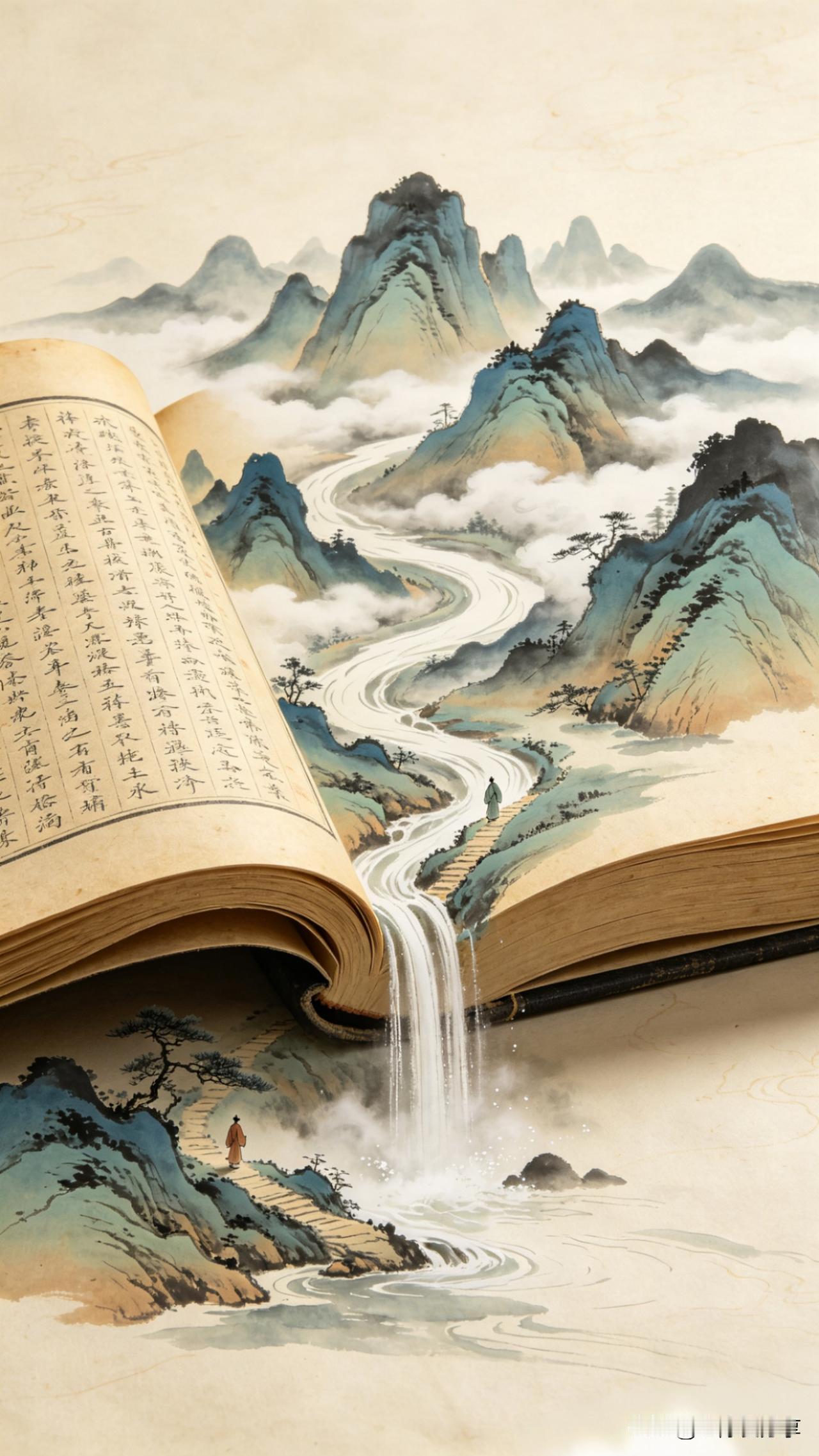 定风波·书中山水

墨海翻开万叠山，青峦飞出旧书函。
流水直从纸端泻，倾下，飞珠
