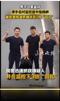 真是大快人心！小偷得手后不但不逃，反而对着监控竖中指叫板，以为能逍遥法外，结果被