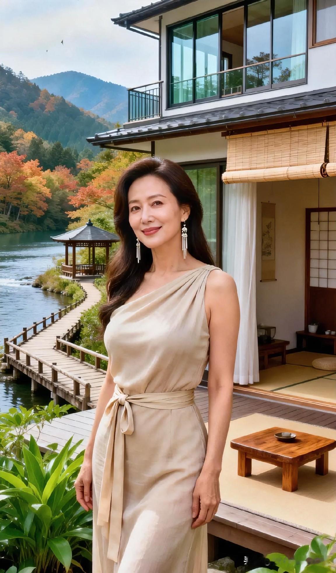 秋水映山红，日式庭阁畔，她着米裳如素月临波。耳坠流光，笑揽风烟，优雅似古卷新笺，