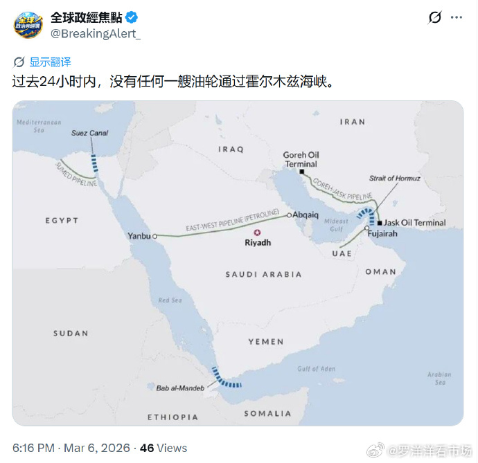 过去24小时内，没有任何一艘油轮通过霍尔木兹海峡。 