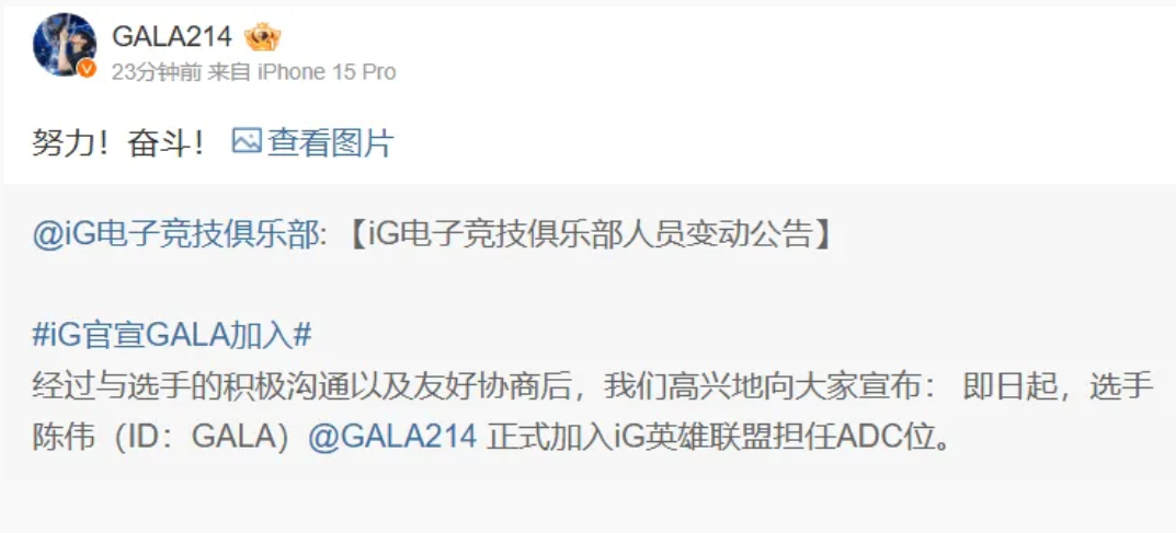 iG.GALA发文：努力！奋斗！ 流量大队闹麻了，不过真的有机会，再选一次VN如