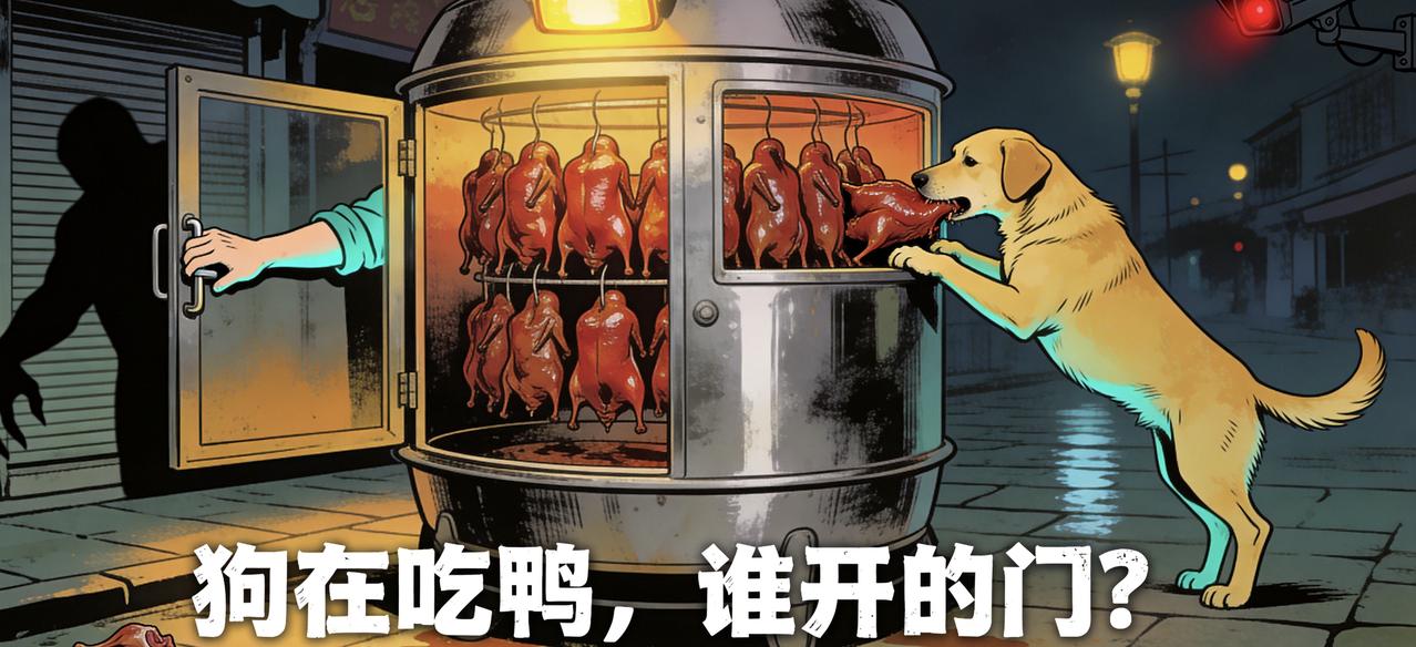 烤鸭炉被人故意打开让狗“吃自助”，店主损失七八百，已报警！
> 一只狗把头伸进街
