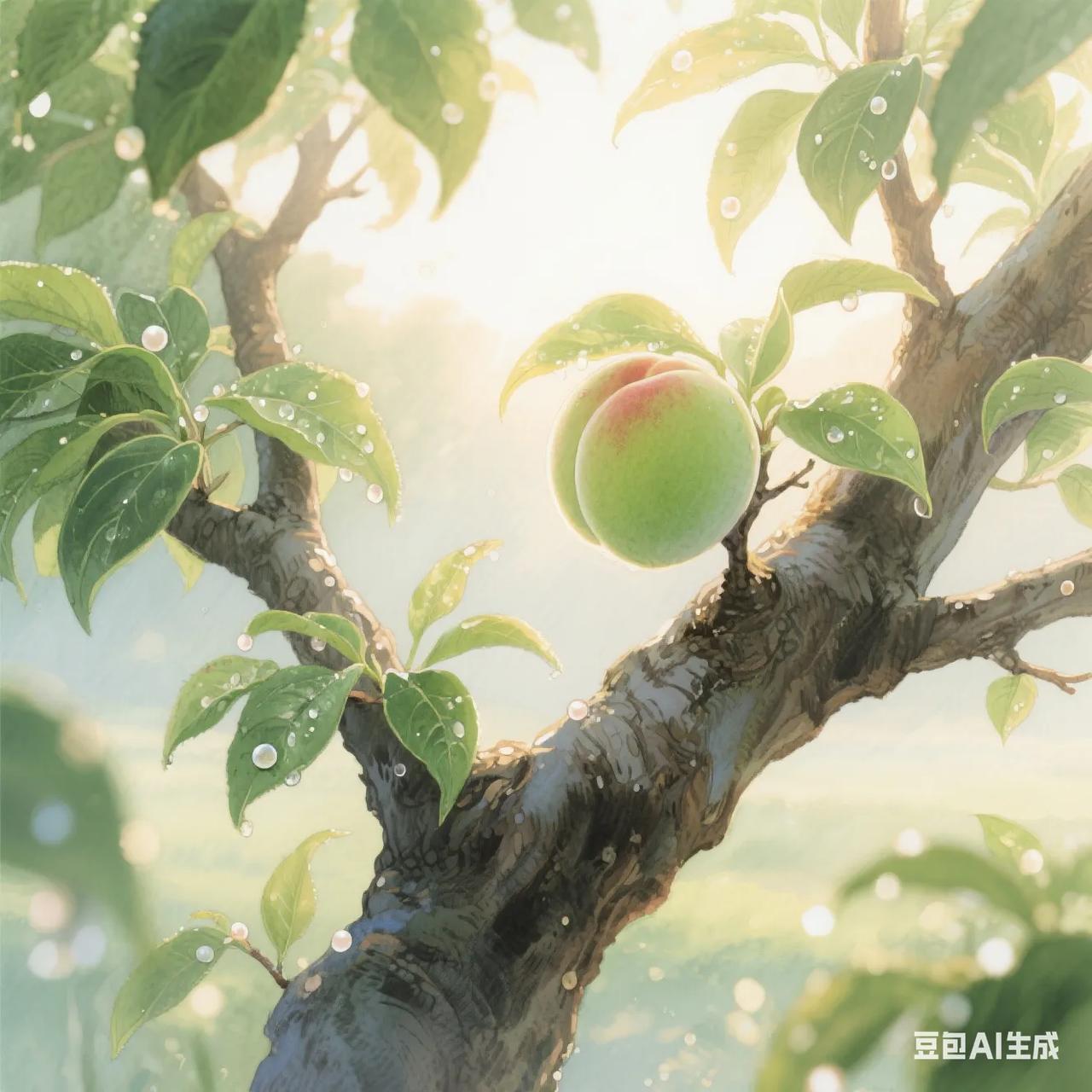下联：今朝晨露妆碧桃