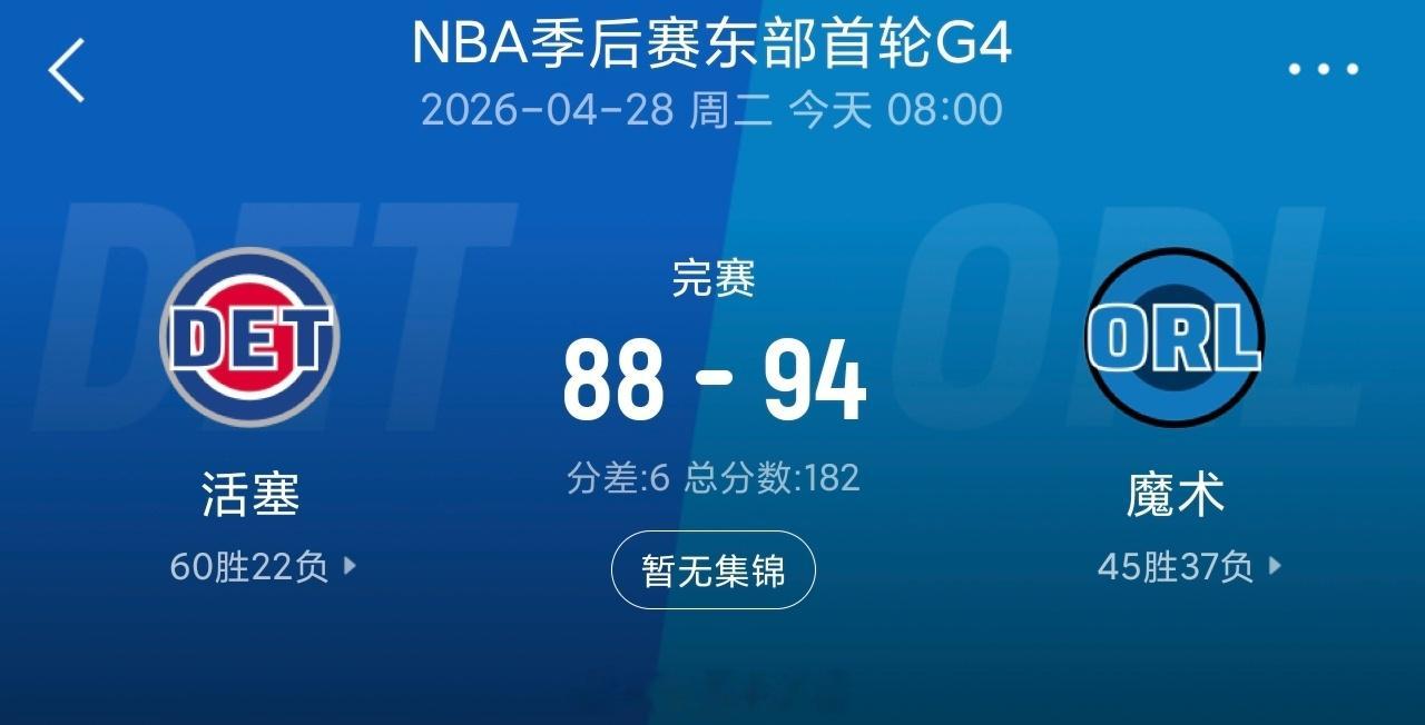 魔术胜活塞夺赛点 贝恩22+5 班凯罗18中4 坎宁安25+9+8失误魔术3比1