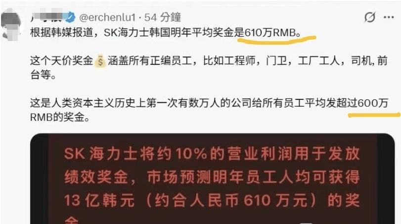 SK海力士人均奖金610万！韩国人终于敢生娃了？
SK海力士这波操作太炸裂！20