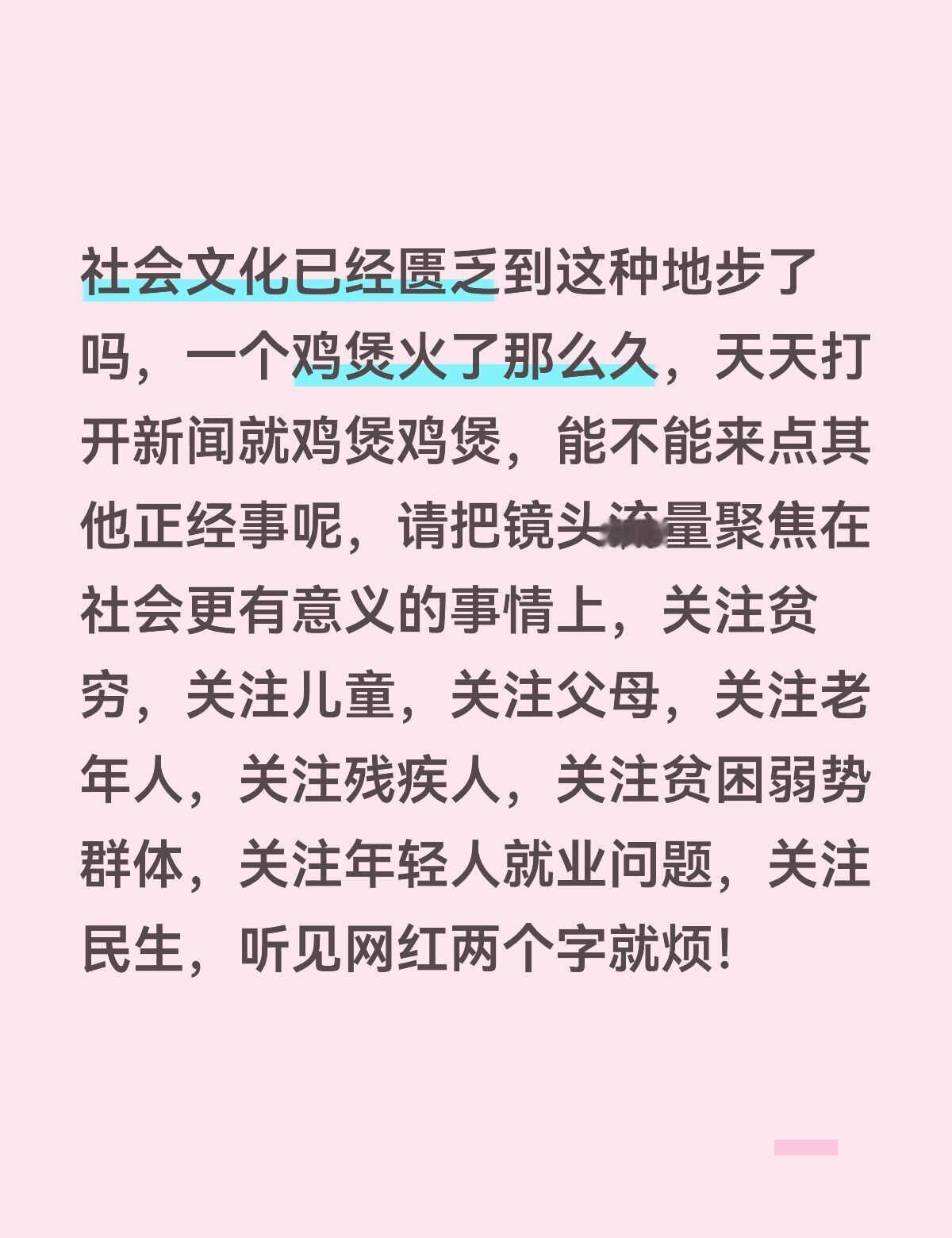 社会文化已经匮乏到这种地步了吗，一个鸡煲火了那么久，天天打开新闻就鸡煲鸡煲，能不