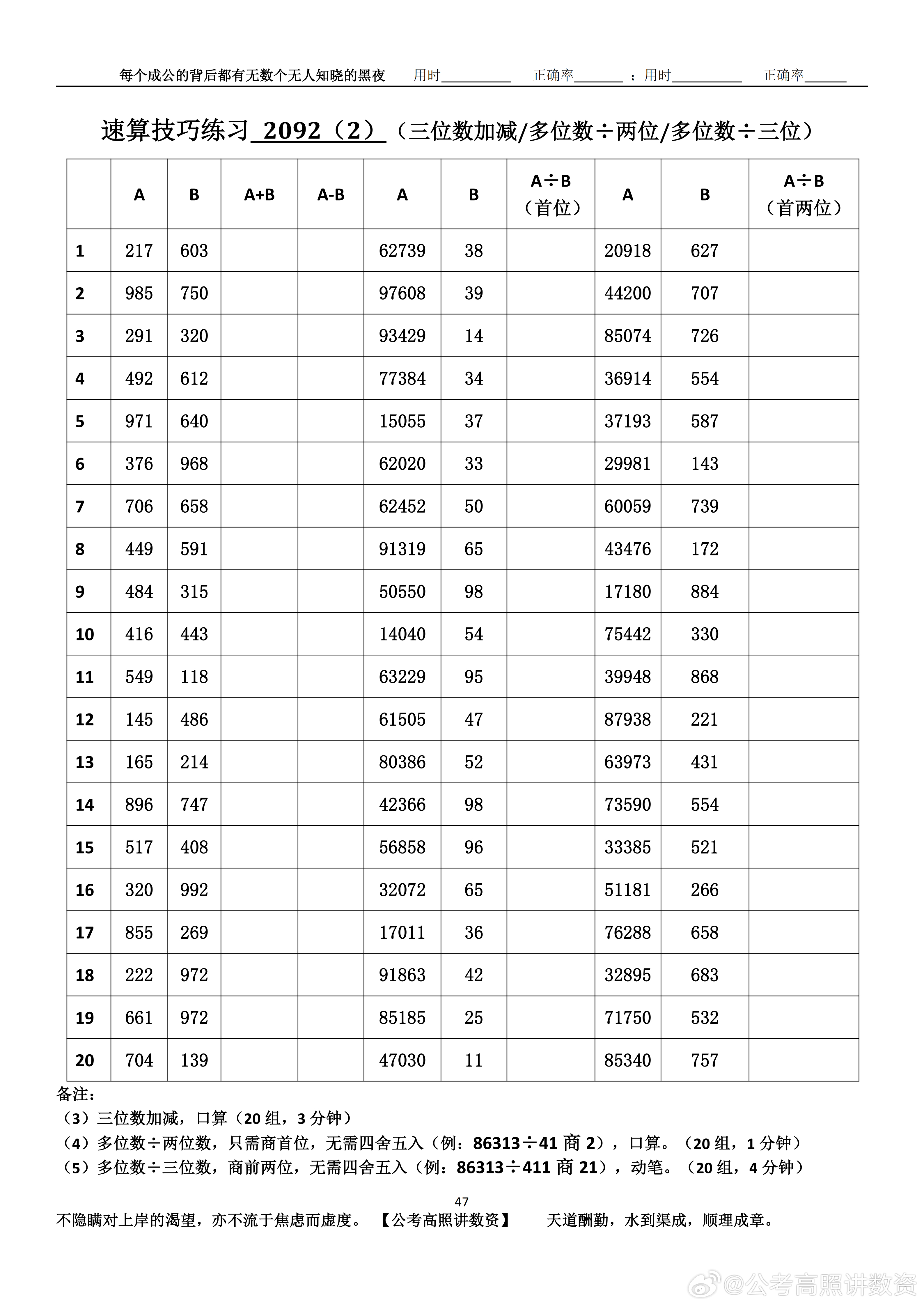跟着高照练速算决战公考  速算练习2092相信自己，努力学习。速算链接汇总：网页