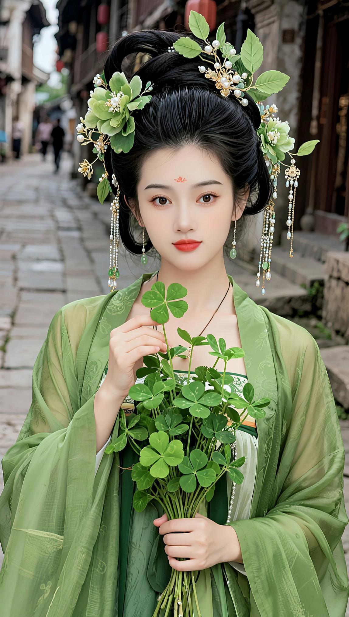青衫簪叶，幸拾四叶，人间春色皆入怀，古镇巷弄里的绿意古风，四叶草带来满满好运AI
