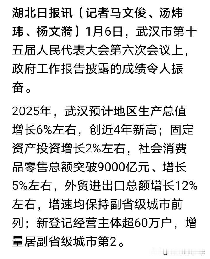 武汉就是快，竟率先公布了去年GDP总量，同比增长6%，也就是说去年经济总量高达2
