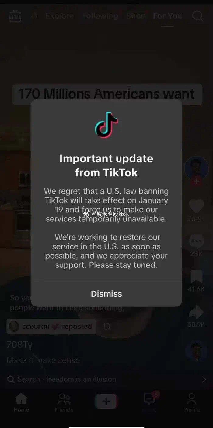 界面新闻获悉，美东时间周六晚间，TikTok向美国用户推送通知称：“我们很遗憾，
