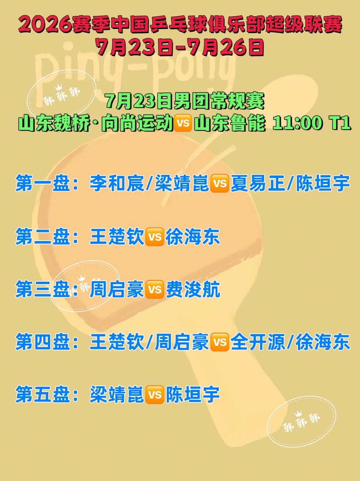 2026年中国乒超联赛。7月23日上半场11:00四个桌对阵名单