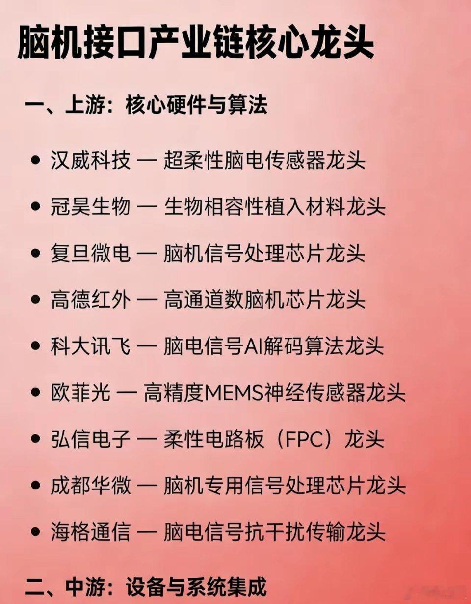 脑机接口产业链核心龙头（完整版）一、上游：核心硬件与算法汉威科技 — 超柔性脑电