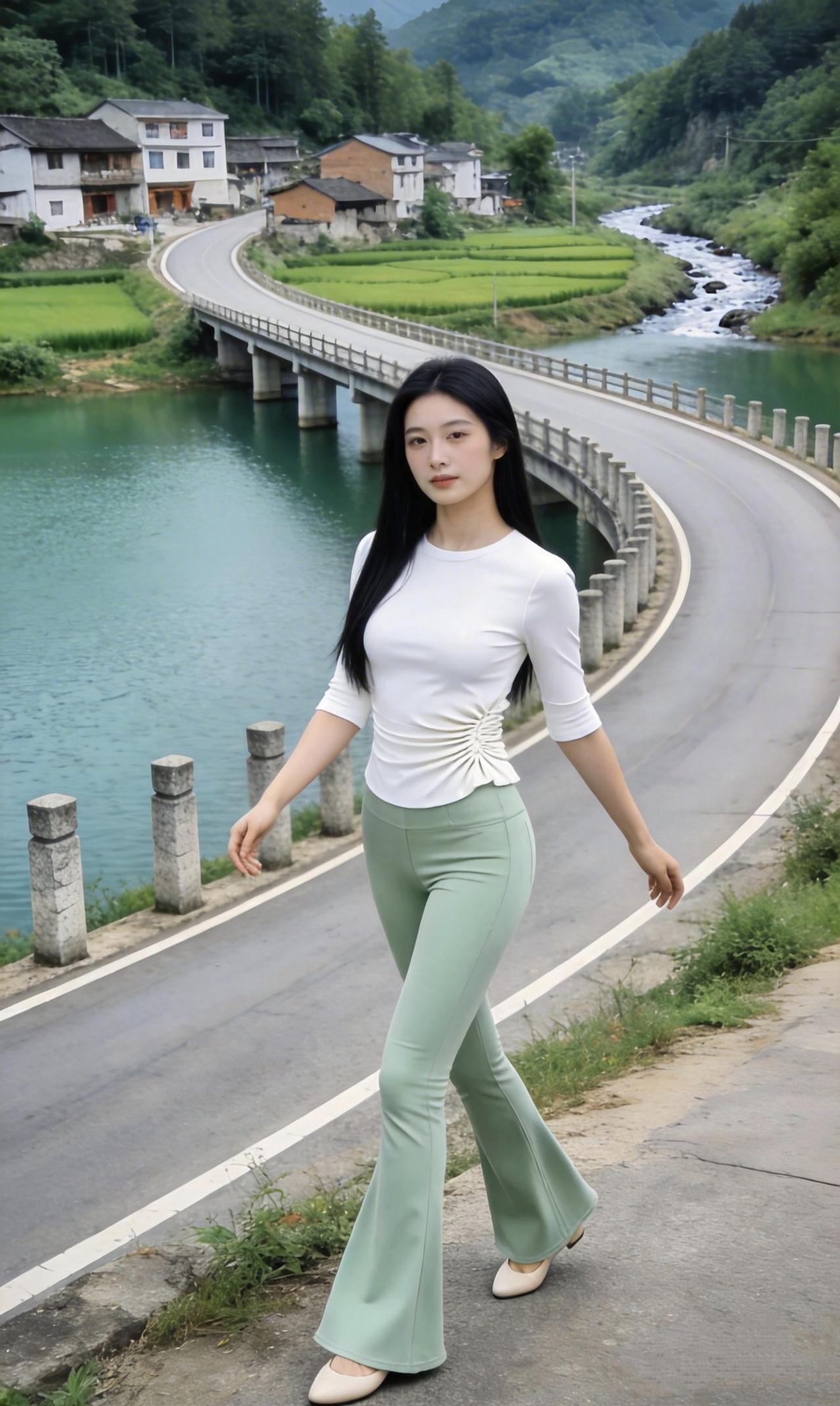 《溪桥春行》
 
碧水绕村流，青山入眼眸
你踏桥而来，风掀衣角轻柔
白衫映着溪光