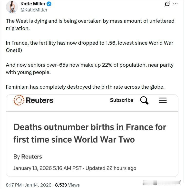 西方正在衰落，正被大规模、无节制的移民潮淹没。

在法国，生育率已跌至 1.56