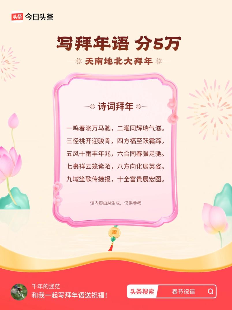 写拜年语送祝福新春拜年送祝福！我的祝福是：“一鸣春晓万马驰，二曜同辉瑞气滋。三径