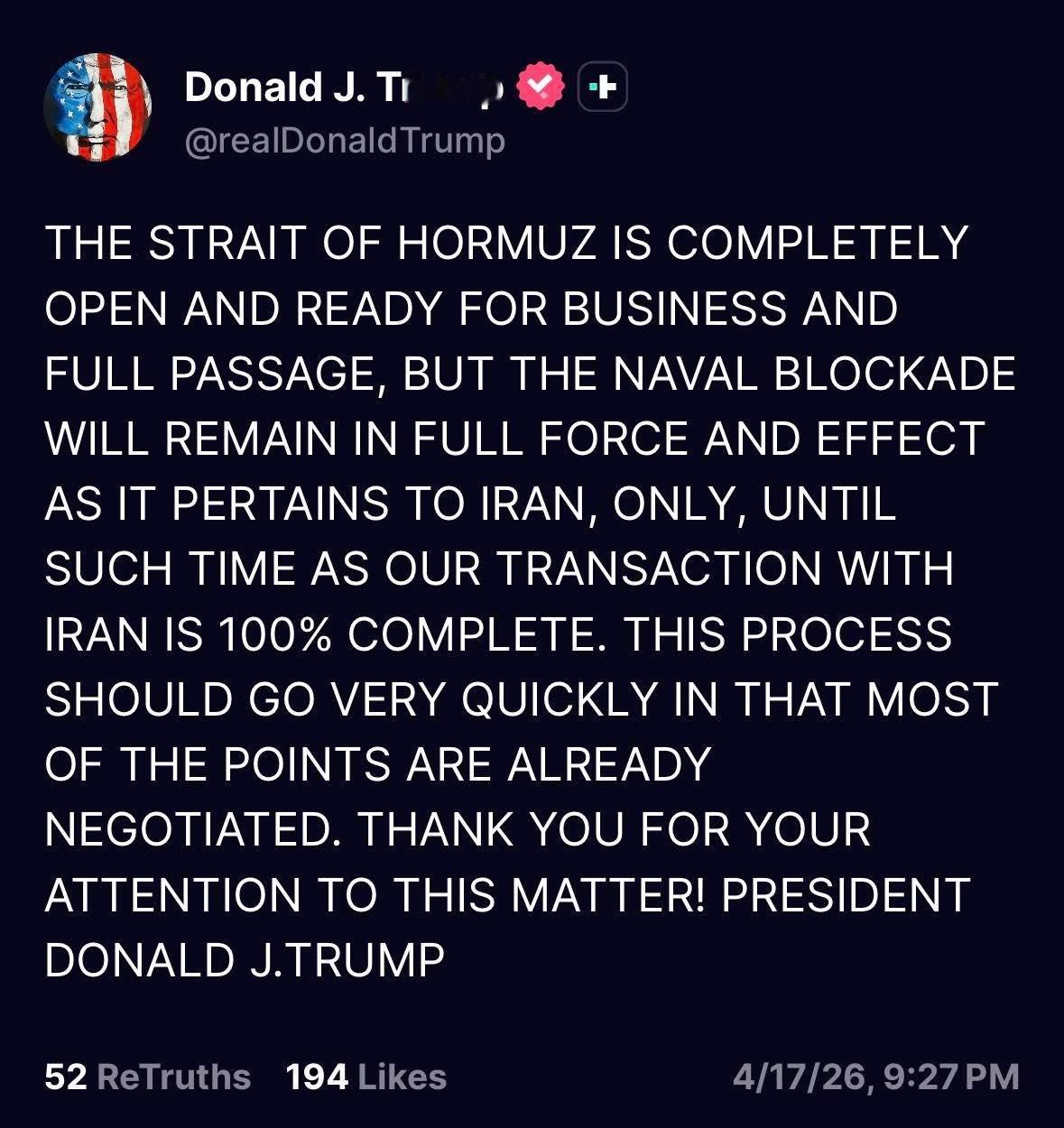 荷姆茲海峽目前已經完全開放、恢復商業運作與全面通行。不過，針對伊朗的海軍封鎖措施