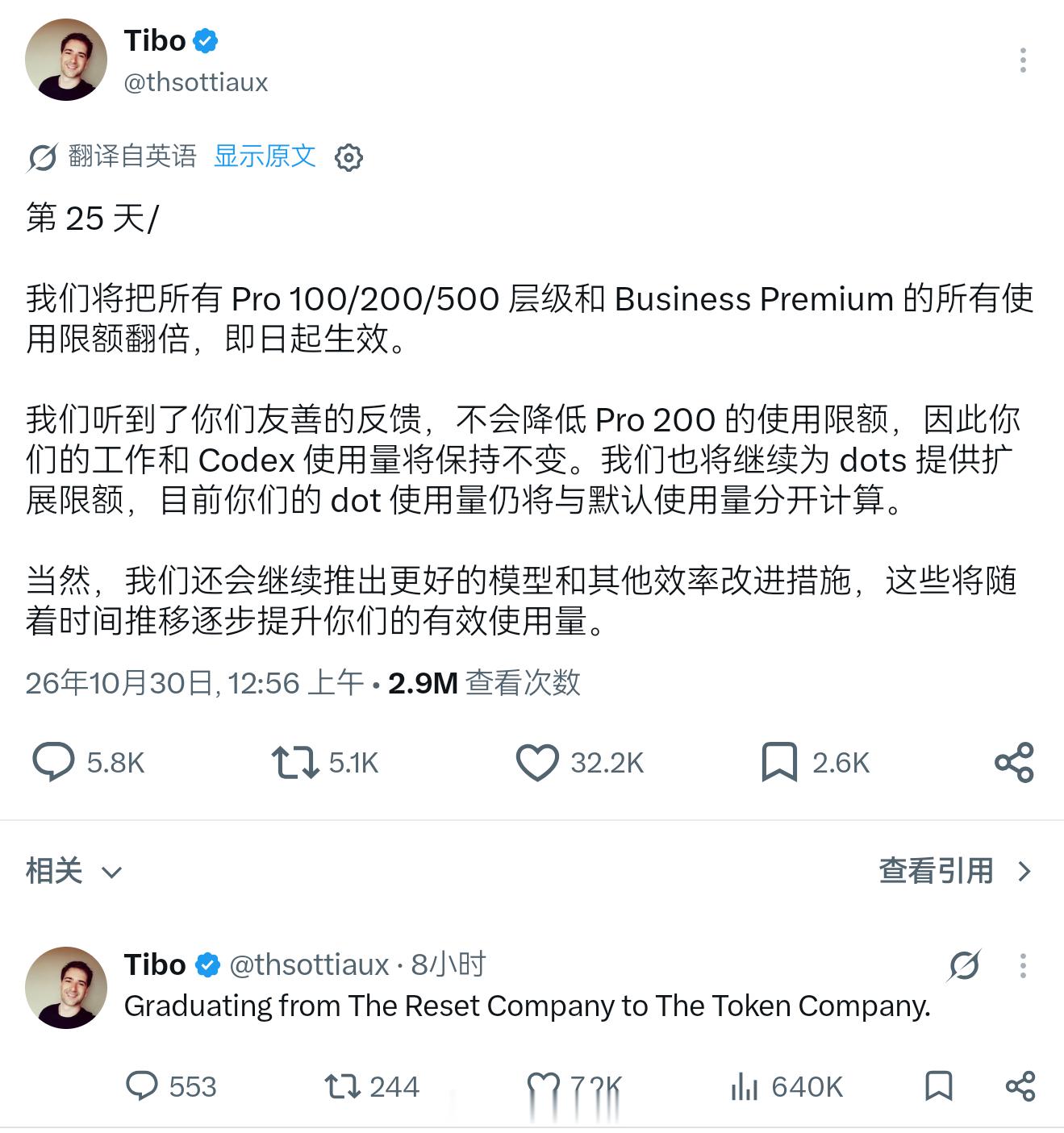 Tibo不整虚的了，第25天宣布不会降低Pro 200的使用额度Pro 100 