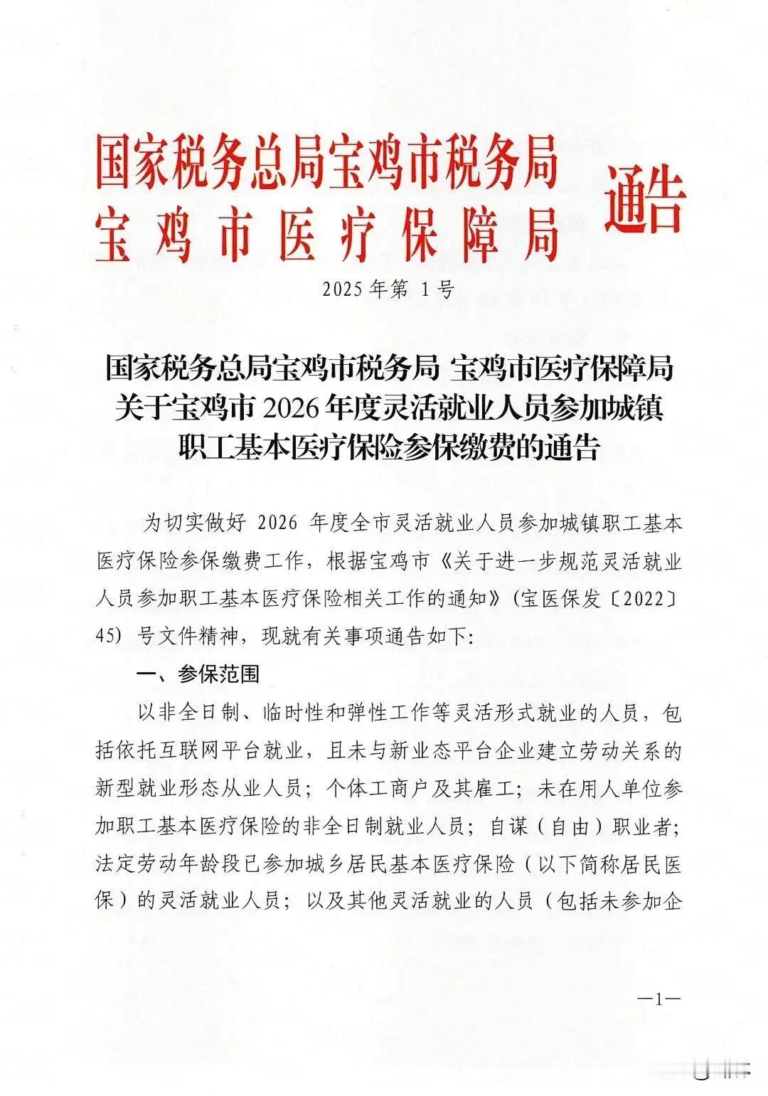宝鸡市2026年度灵活就业人员参加城镇职工基本医疗保险参保缴费通告
