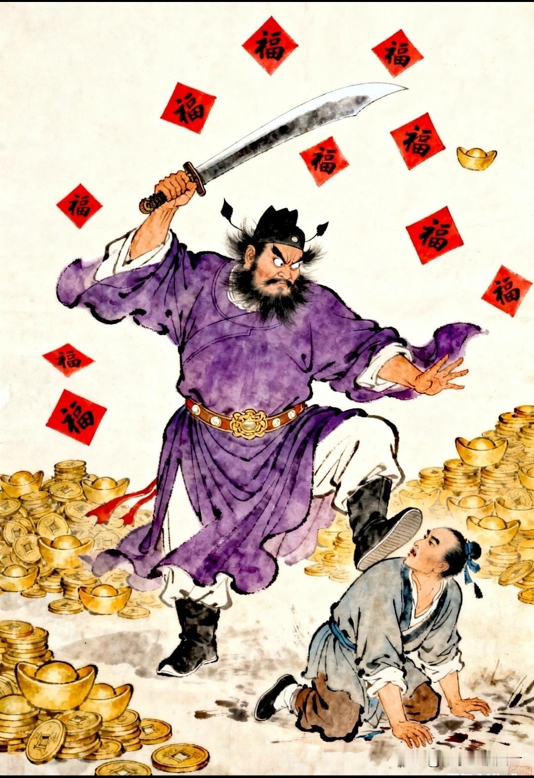 钟馗挥刀斩煞，一脚踢走小人，霉运全消，福运满宅，从此顺风顺水，财源滚滚！