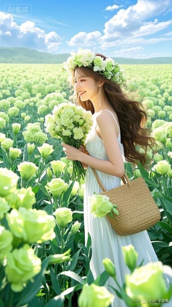 梦幻花海中的白裙少女，微笑如花绽放