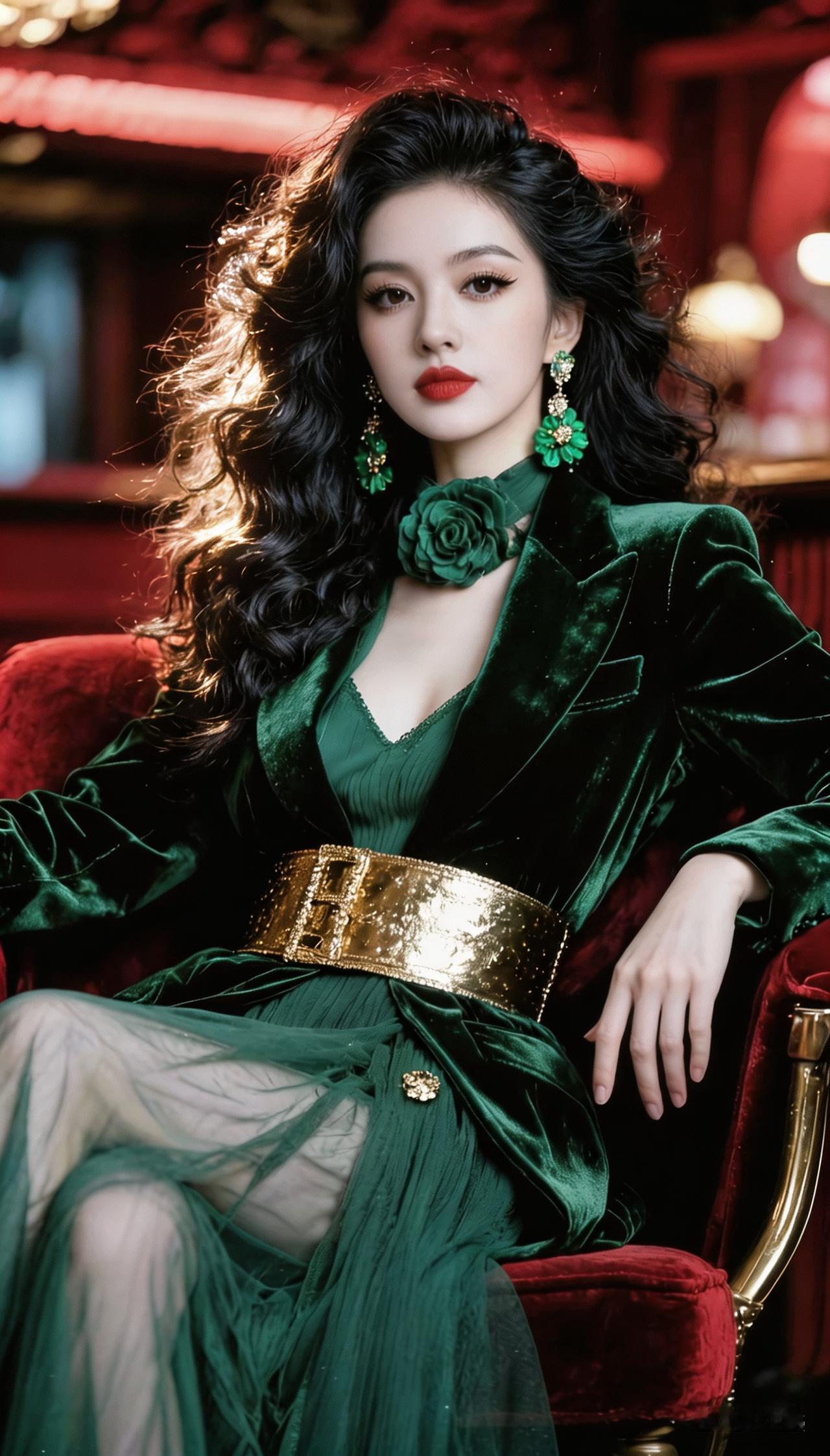 阔美女坐姿、着墨绿丝绒西装、金宽腰带、绿纱裙、黑色卷发、发丝细，优化光影与背景景