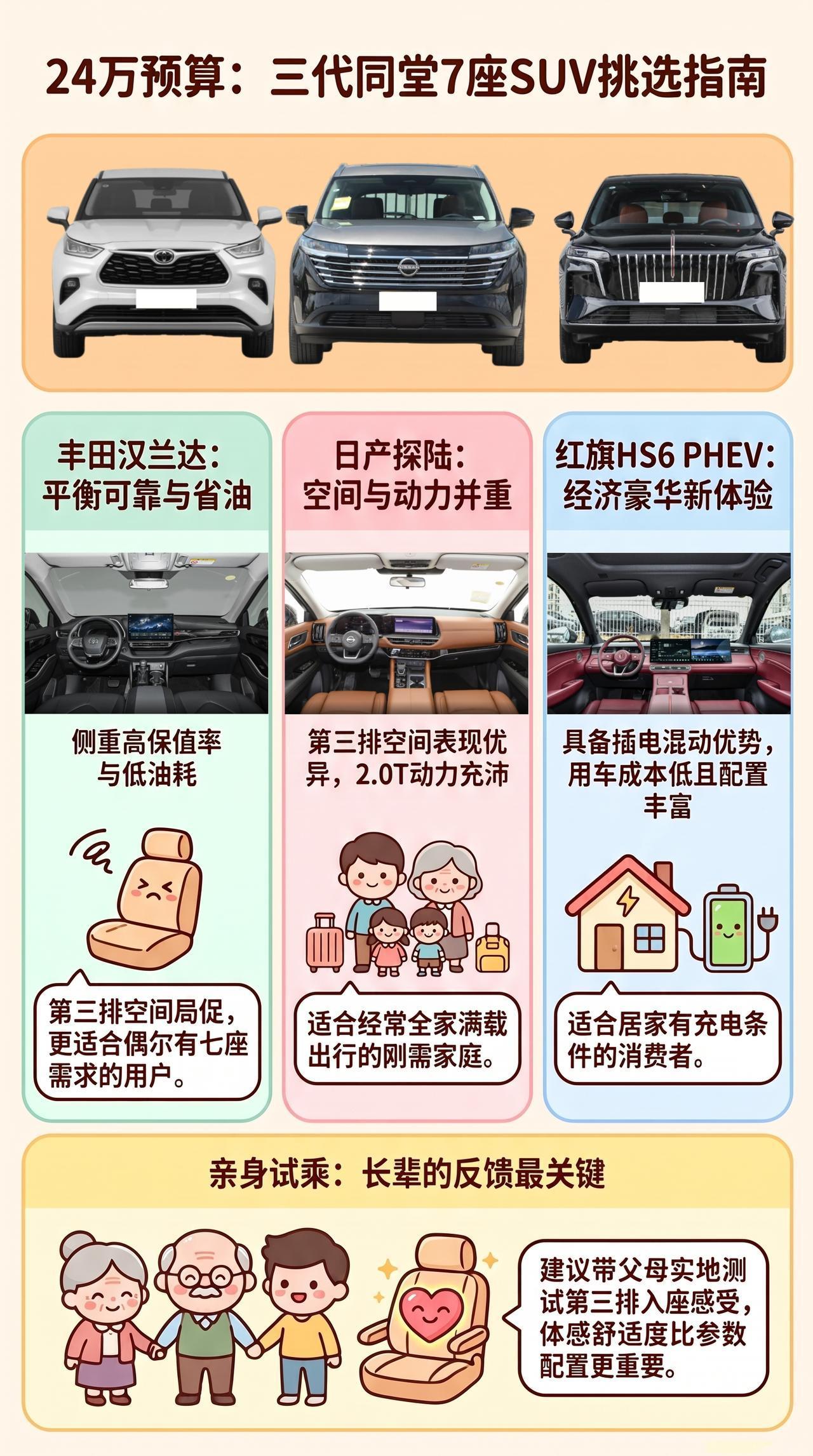 24万预算，三代同堂买七座，汉兰达、探陆、HS6 PHEV谁更合适？
三代同堂出
